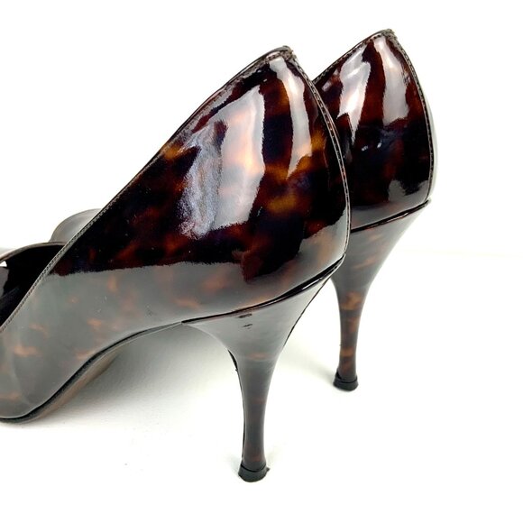 Stuart Weitzman Brown Patent Leather Tortoise Shell Peep Toe Pumps Size 9.5M - Picture 5 of 16